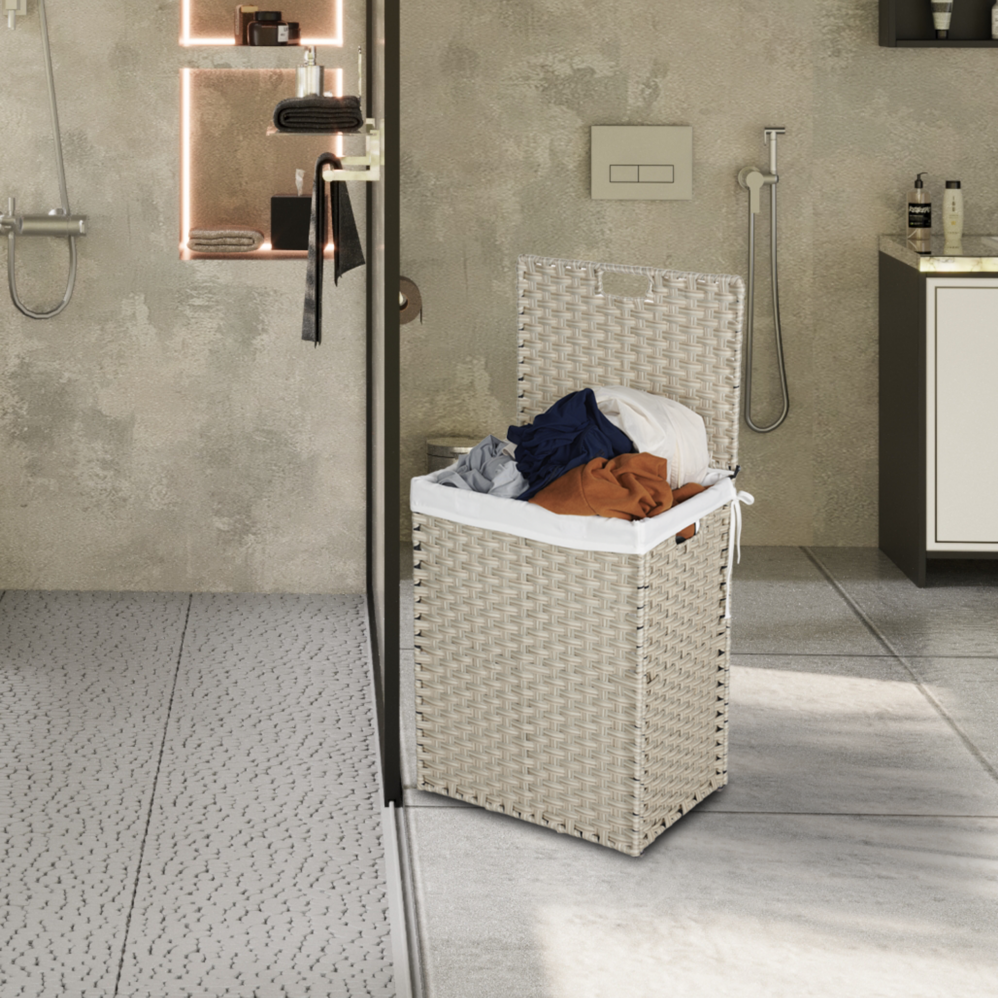 Laundry Hamper With Lid PE Rattan Powder Coating Frame Clothes with 2 Removable Bags, 100L - Light Grey