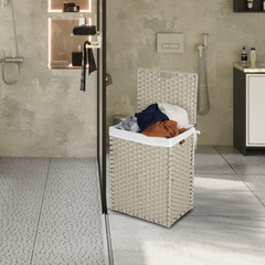 Laundry Hamper With Lid PE Rattan Powder Coating Frame Clothes with 2 Removable Bags, 100L - Light Grey