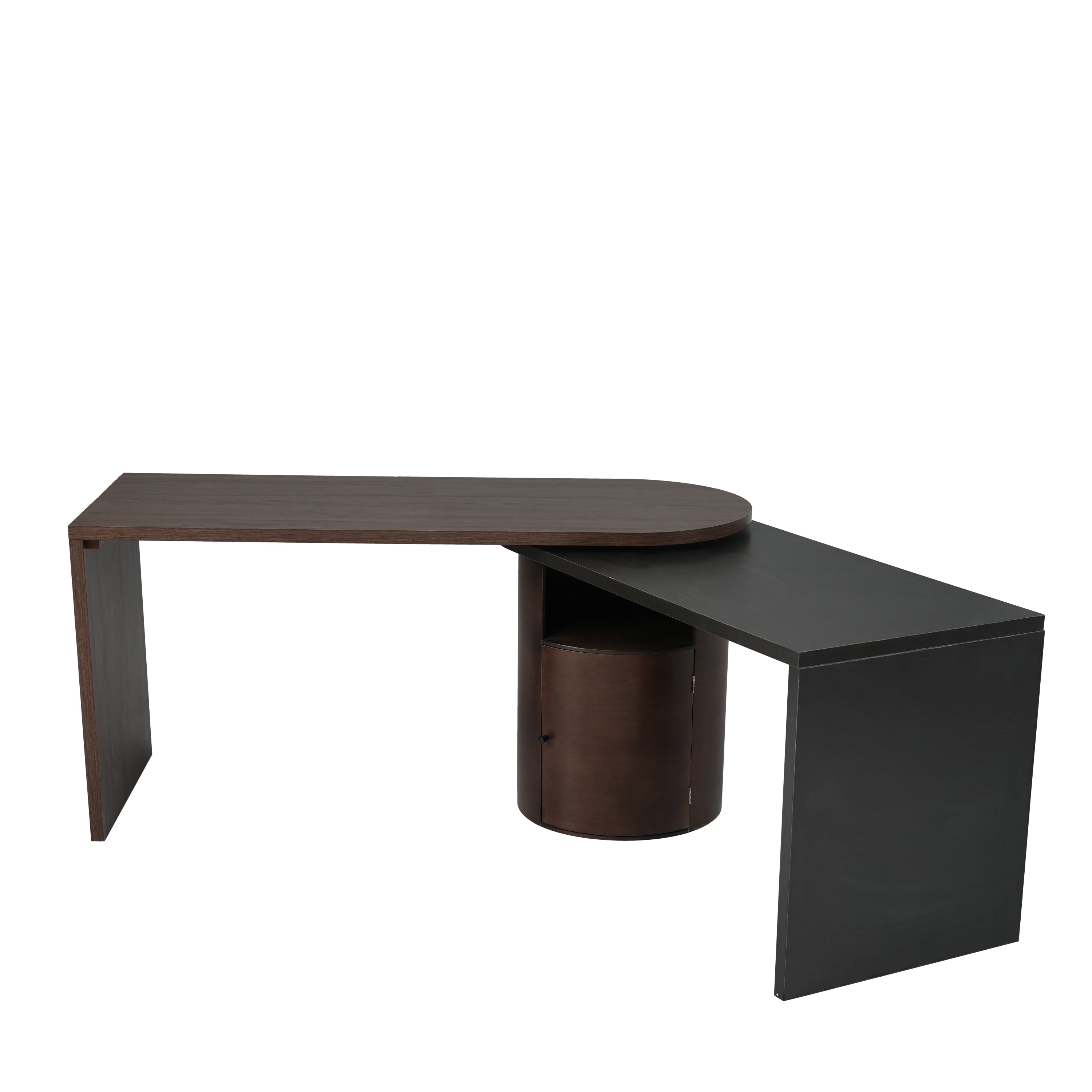 Modern L Shaped Desk in Walnut with 1 Cabinet and Open storage, 360° Wood Rotating Desk 56.92"  - Walnut