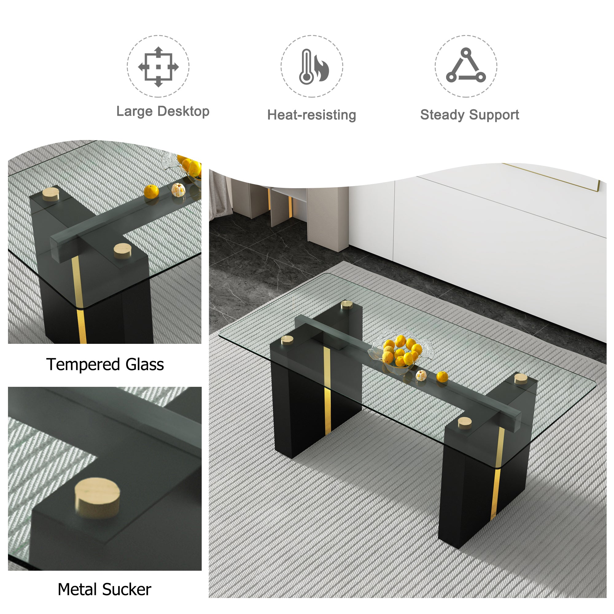 Modern Rectangular Glass Dining Table for 6-8 people - Black Legs