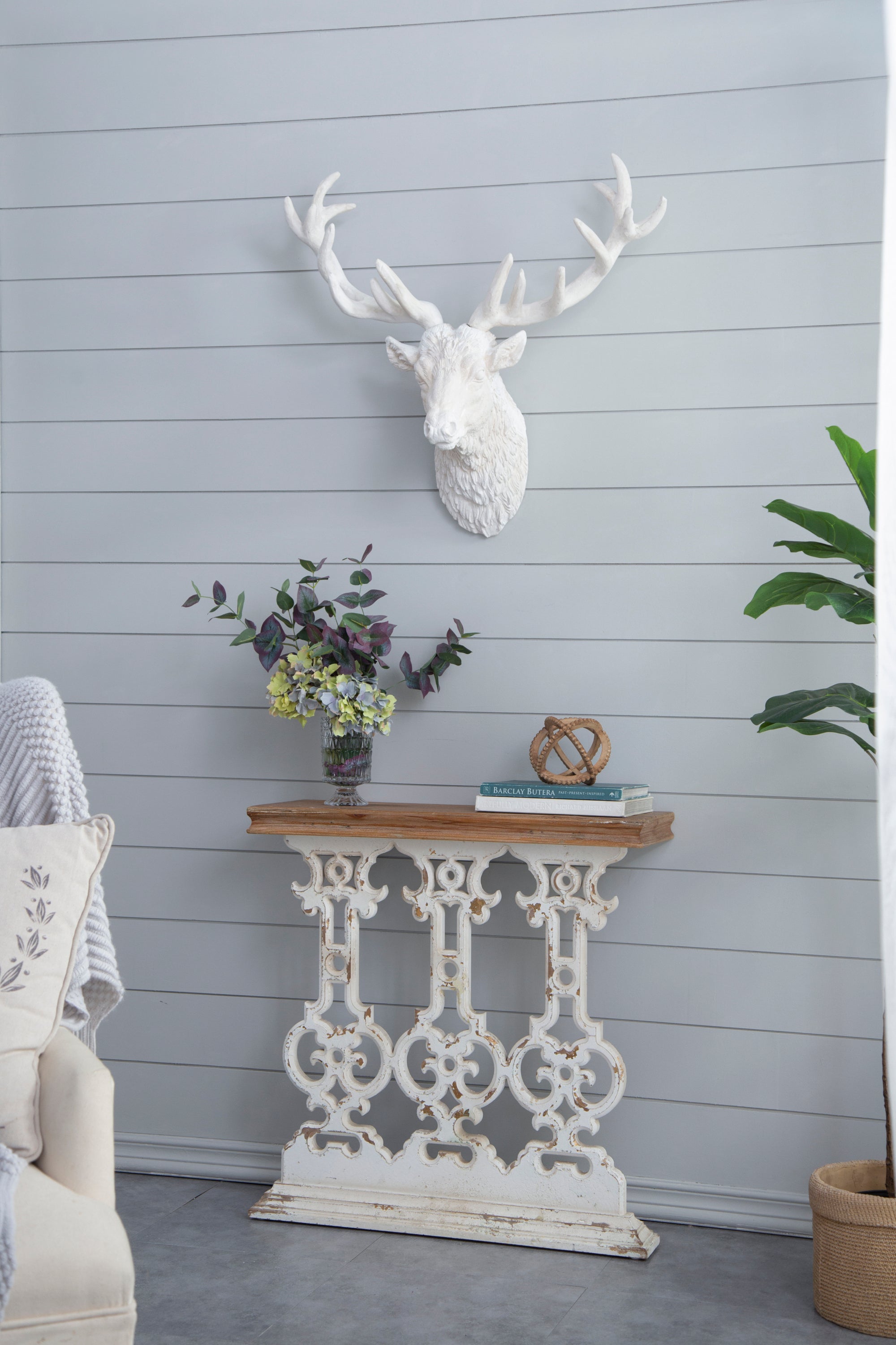 Classic Vintage White Wash Console Table with Brown Wood Top 32"x12"x32"