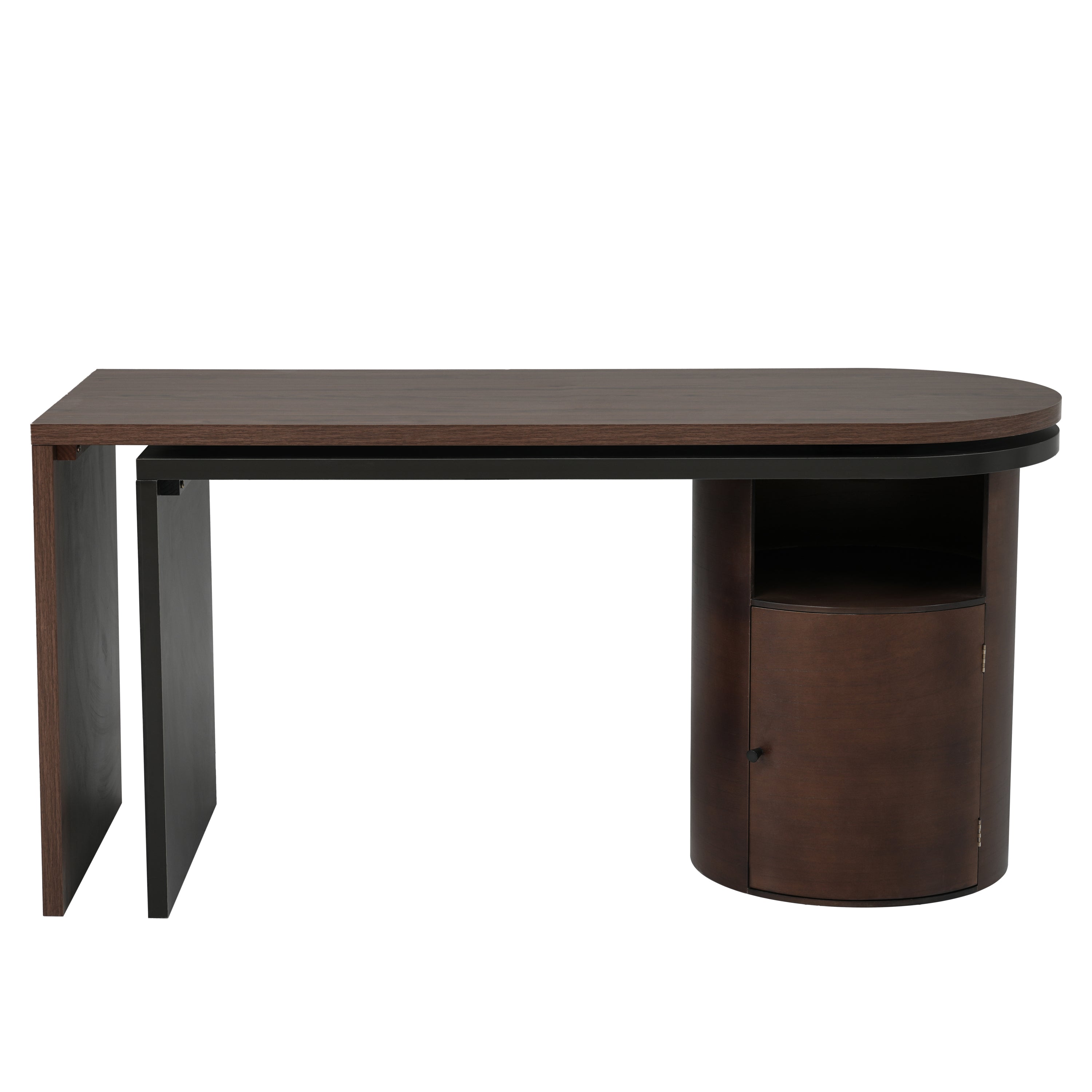 Modern L Shaped Desk in Walnut with 1 Cabinet and Open storage, 360° Wood Rotating Desk 56.92"  - Walnut