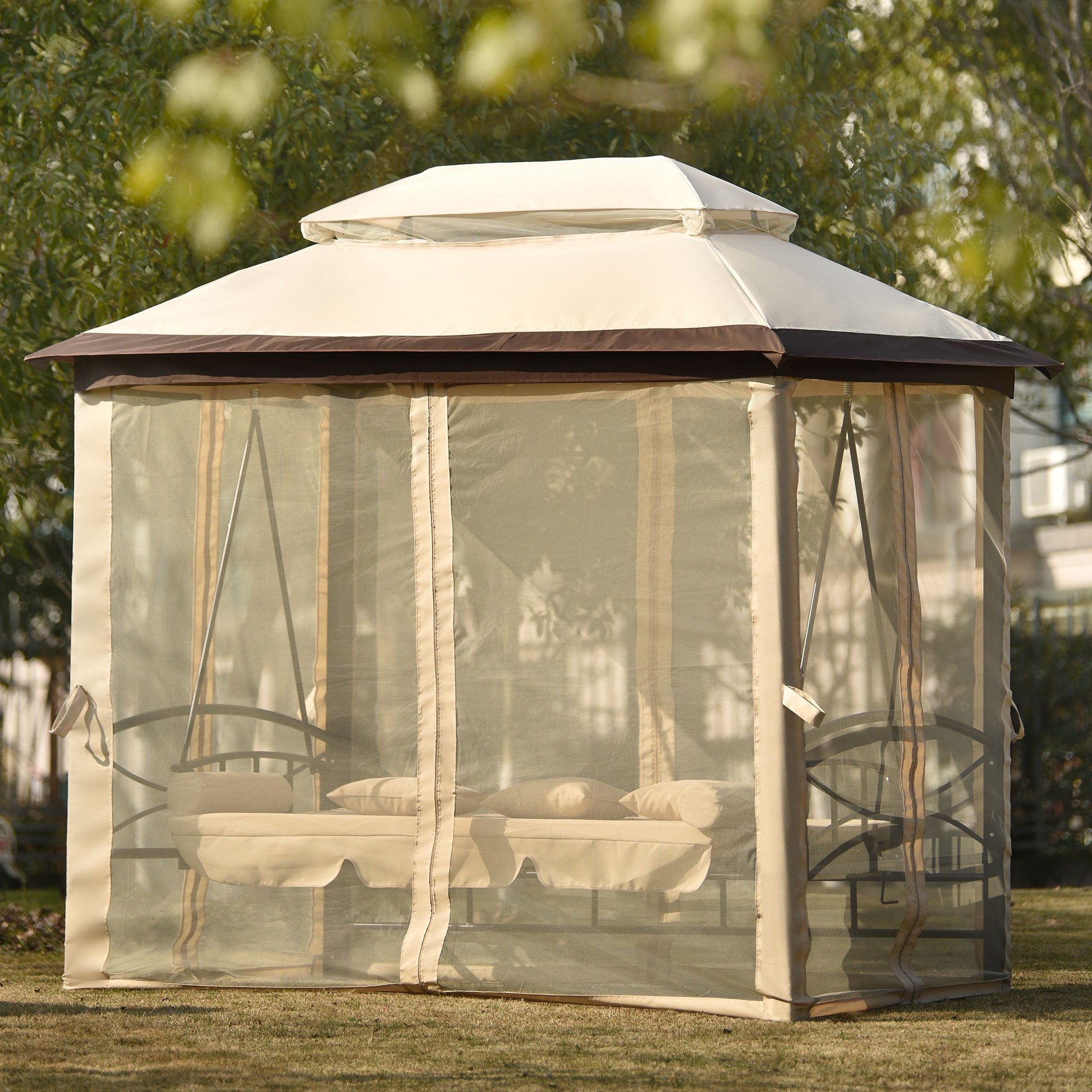 8.9 Ft. W x 5.9 Ft. D Outdoor Gazebo with Convertible Swing Bench, Double Roof Soft Canopy Garden Backyard Gazebo with Mosquito Netting Suitable for Lawn, Garden, Backyard