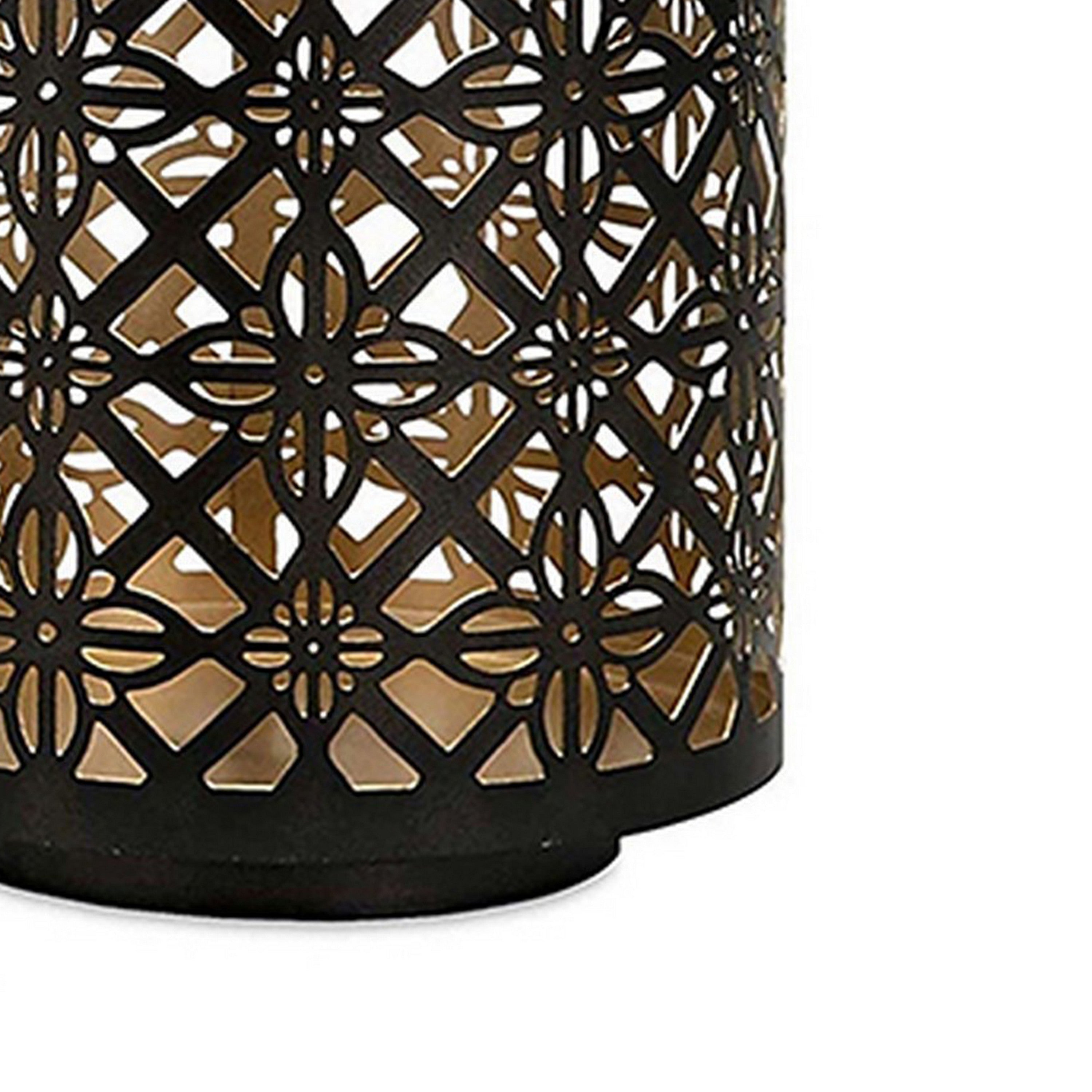 Set of 3 Rounded Iron Candle Holder Lanterns, Matte Black Gold Latticework