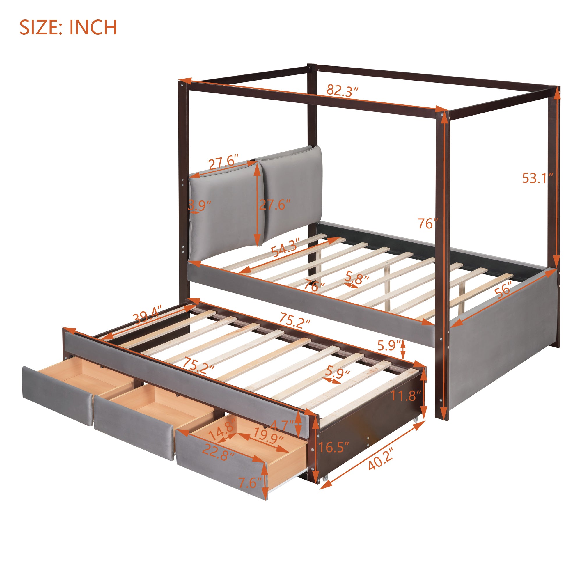Full Size Upholstered  Canopy Bed with Trundle and 3 Drawers - Gray