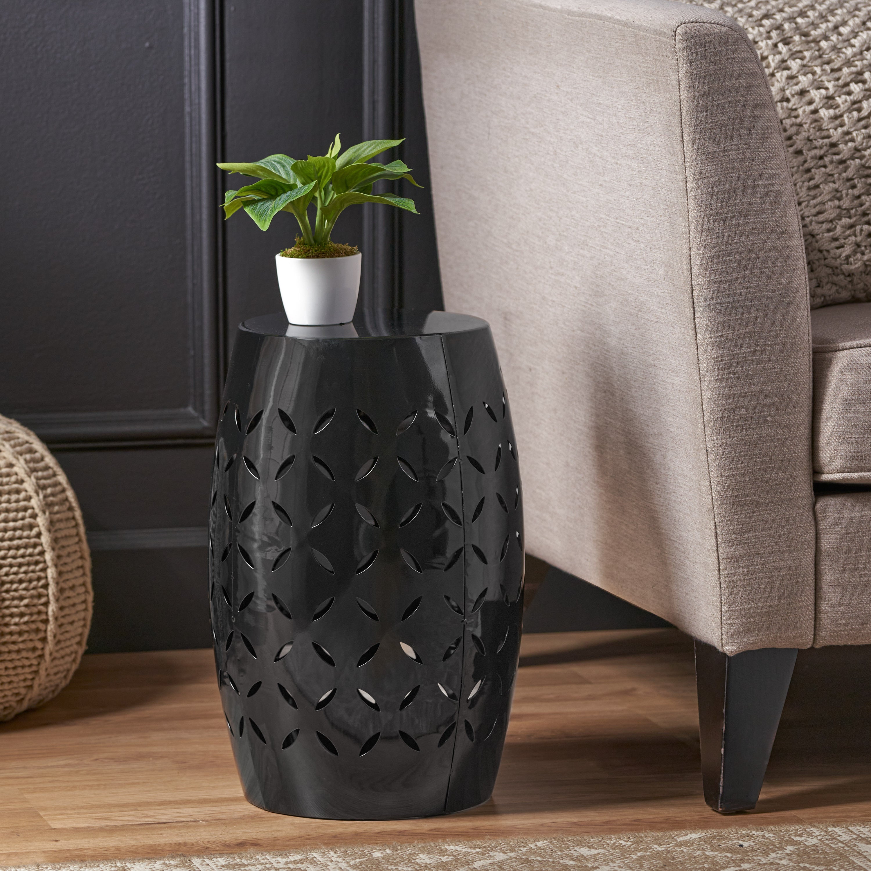 Barrel Shape Metal Side Table - Black