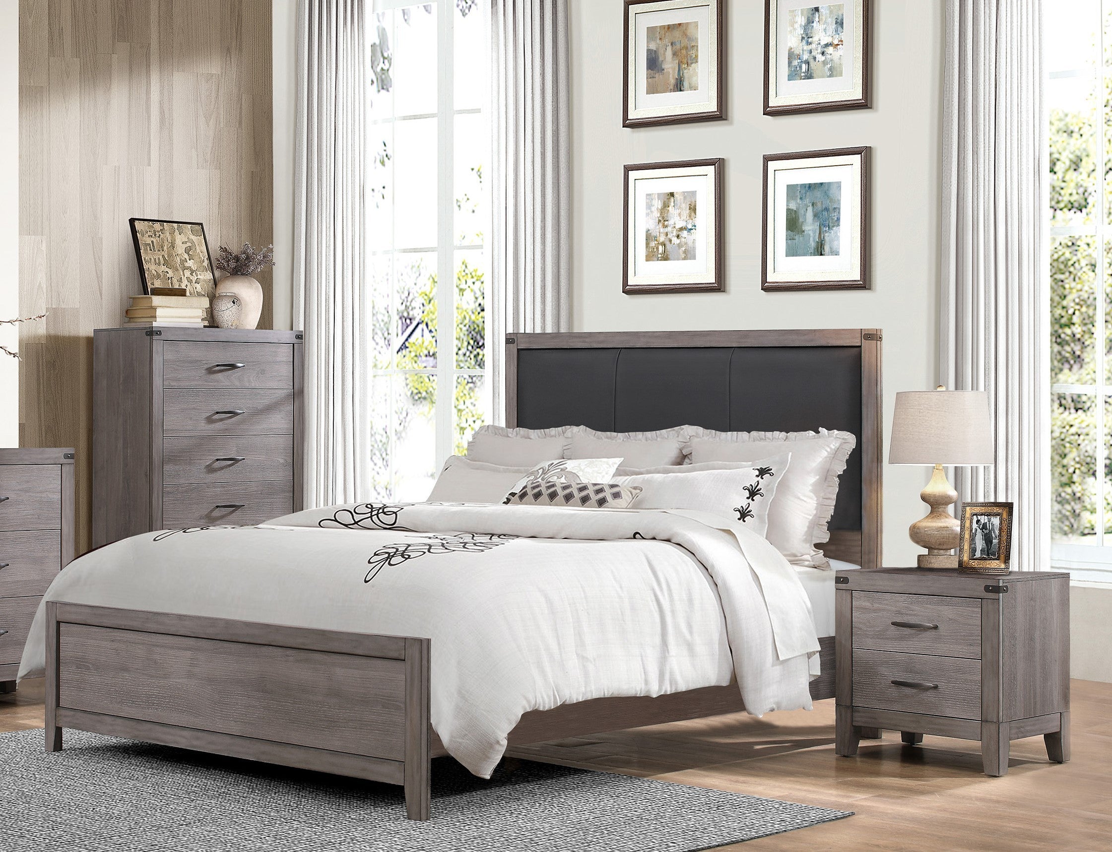 Queen Bed Black Faux Leather Upholstered Headboard - Brownish Grey Finish