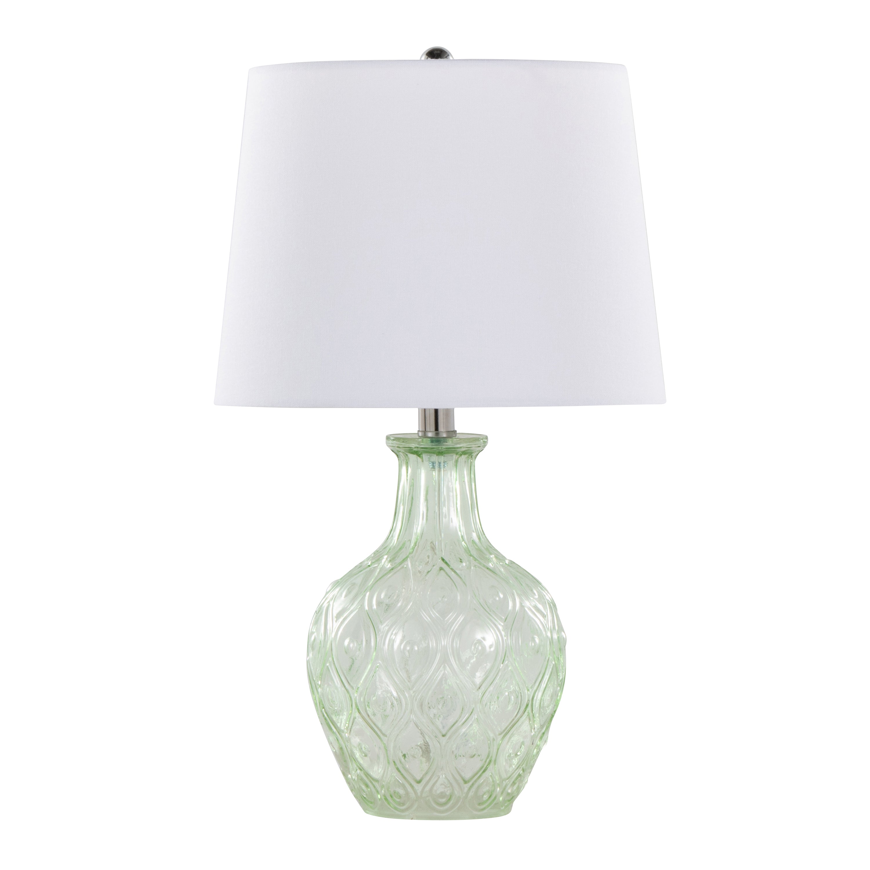 20" Contemporary Glass Accent Lamp in Clear Recycled Spanish Glass, Chrome Metal and White Linen Shade - Set of 2