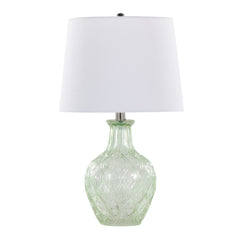 20" Contemporary Glass Accent Lamp in Clear Recycled Spanish Glass, Chrome Metal and White Linen Shade - Set of 2