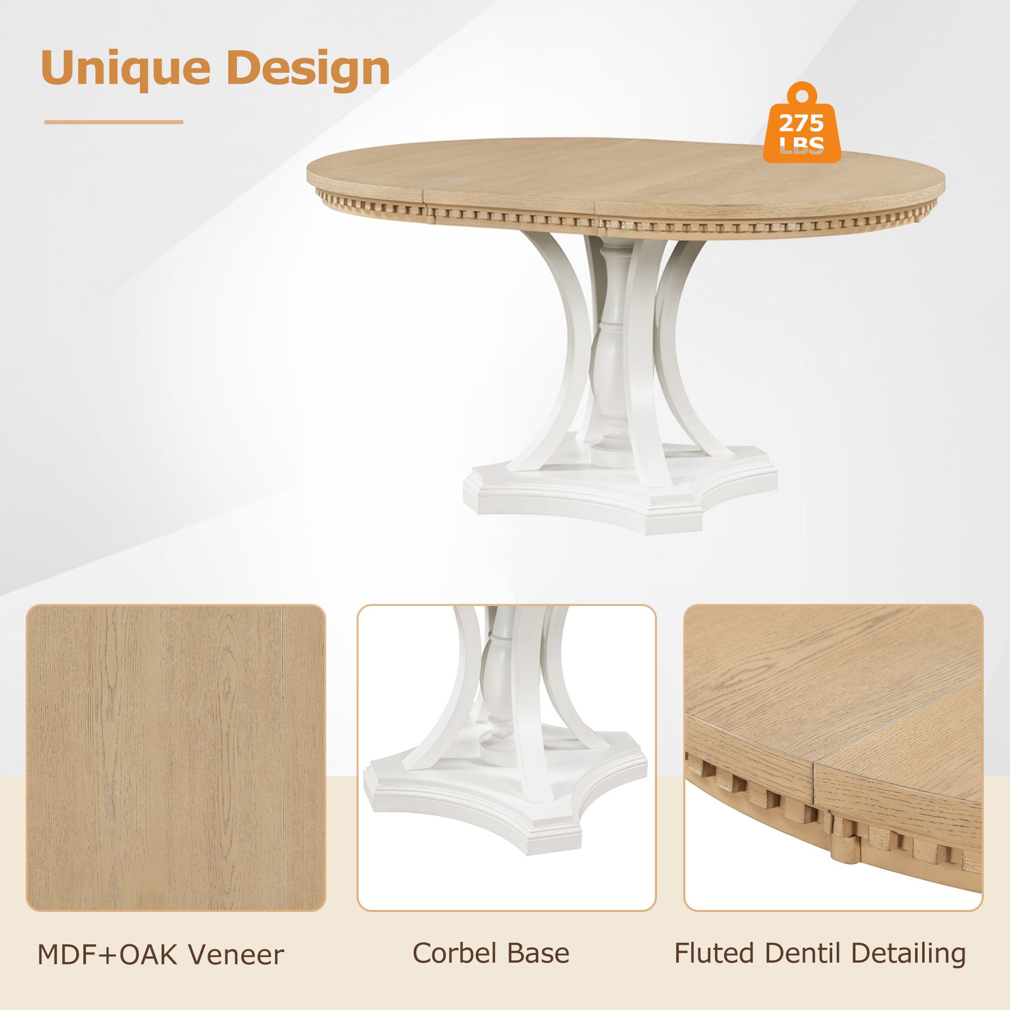Retro 5-piece Dining Set Extendable Round Table and 4 Chairs - Oak Natural Wood + Antique White