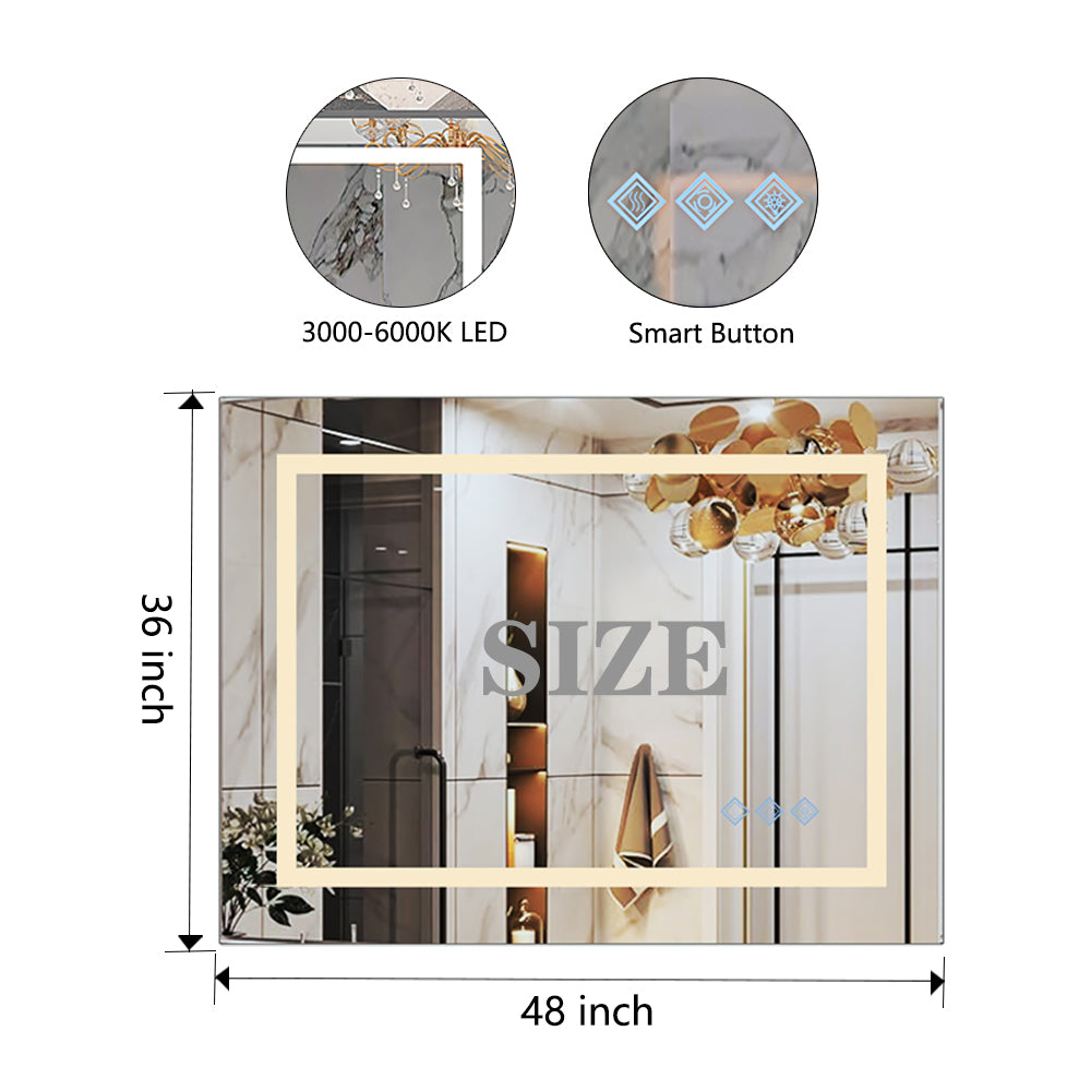 LED Bathroom Mirror, 3000-6000K Gradient Front and Backlit LED Mirror 48x36inch, IP54 Enhanced Anti-Fog