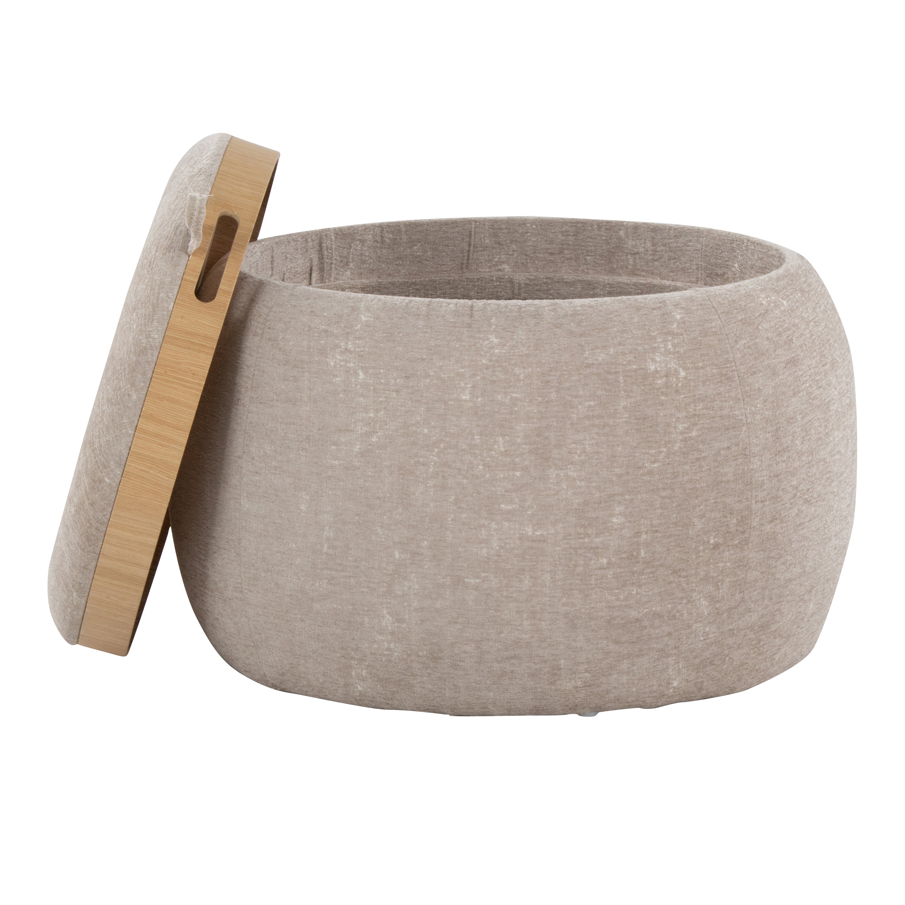 Tray Pouf Contemporary Ottoman in Natural Wood and Light Brown Fabric