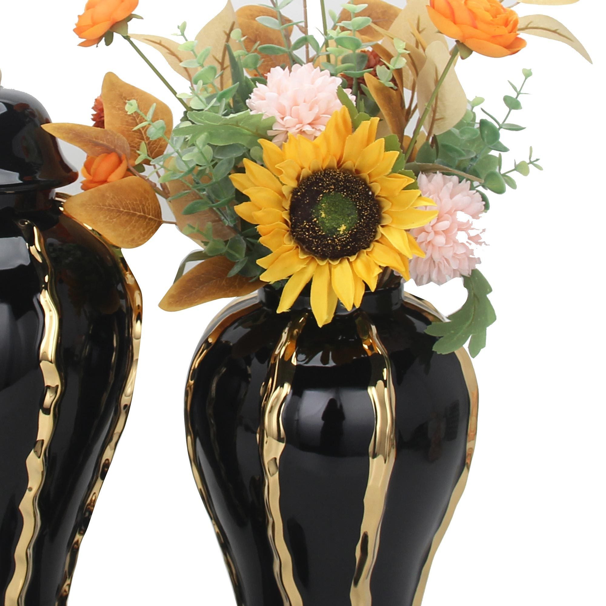 18.50"H Elegant Black Ceramic Ginger Jar Vase with Gold Accents and Removable Lid