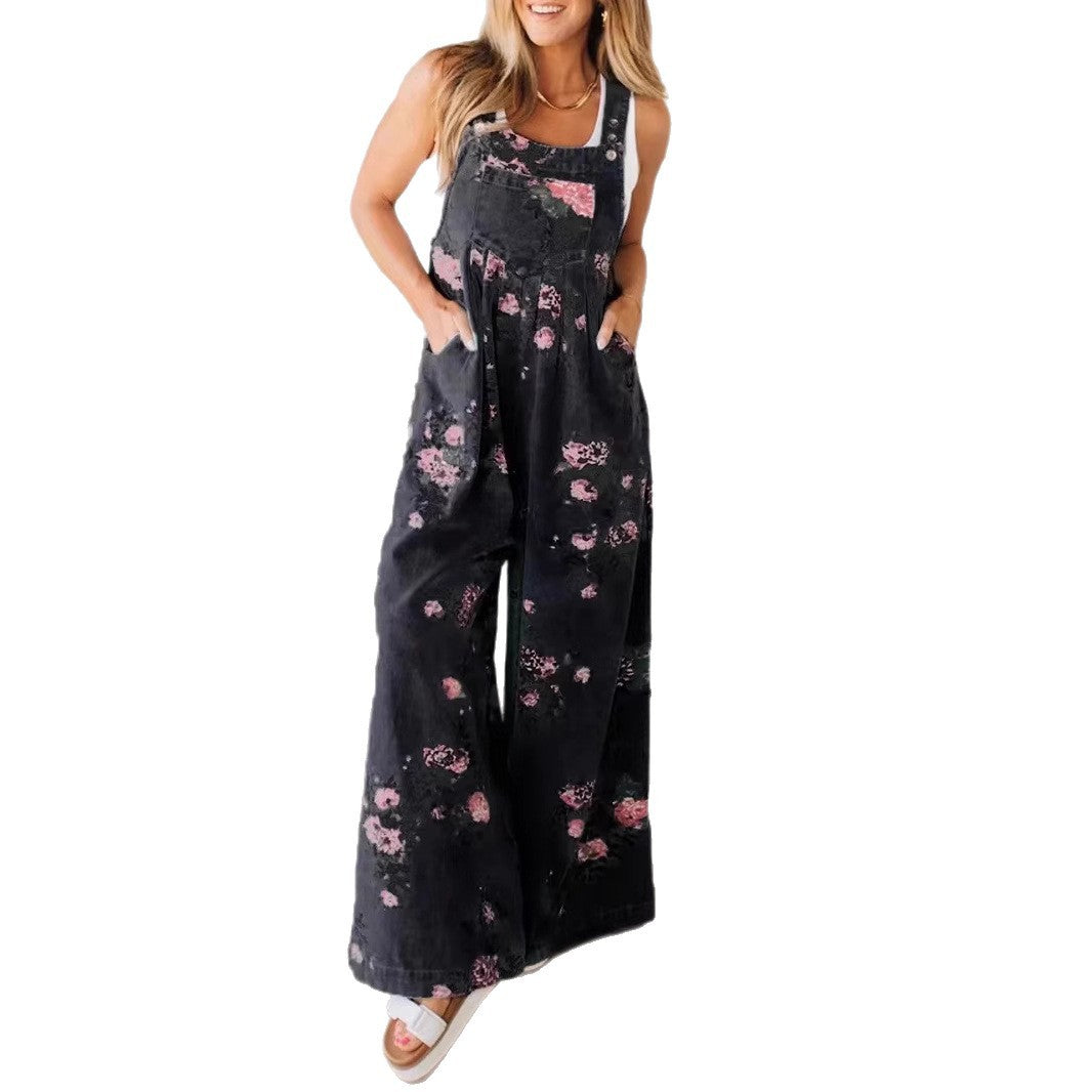 Women's Floral Print Denim Overalls, Wide Leg Jumpsuit, Sleeveless with Pockets