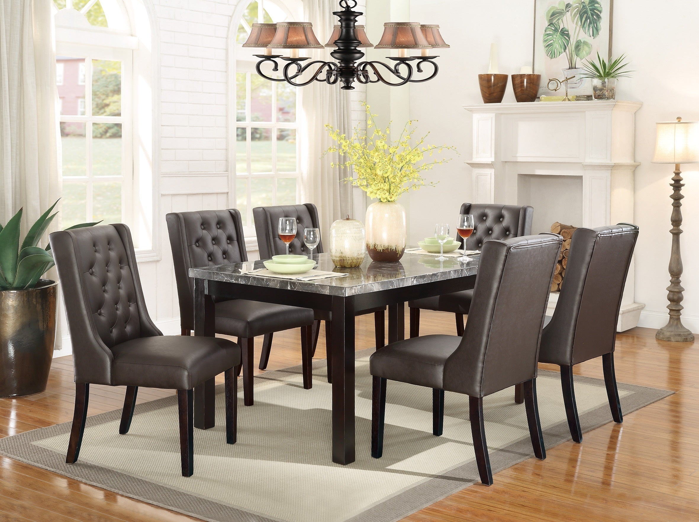 Set of 2 Chairs Modern Faux Leather Espresso Tufted Birch veneer MDF Kitchen Dining Room