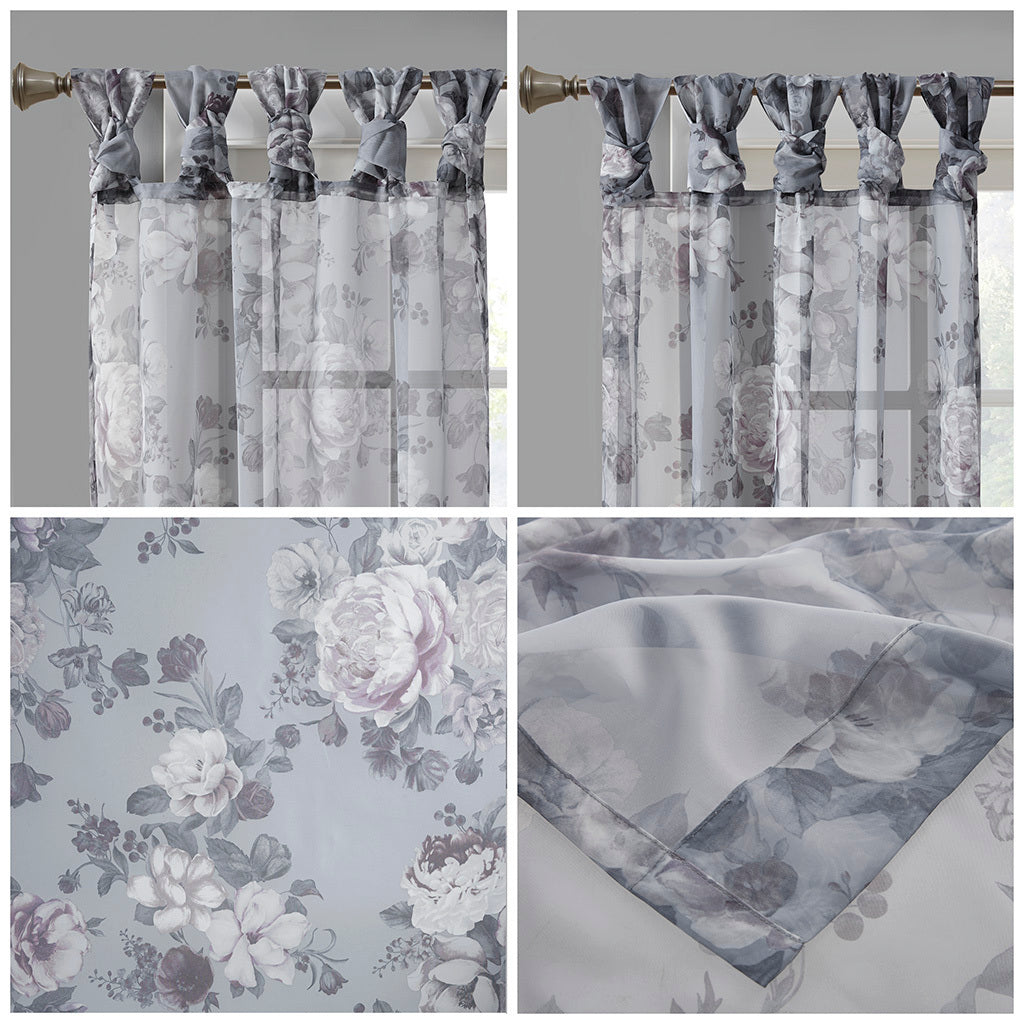 Printed Floral Twist Tab Top Voile Sheer Curtain - Grey