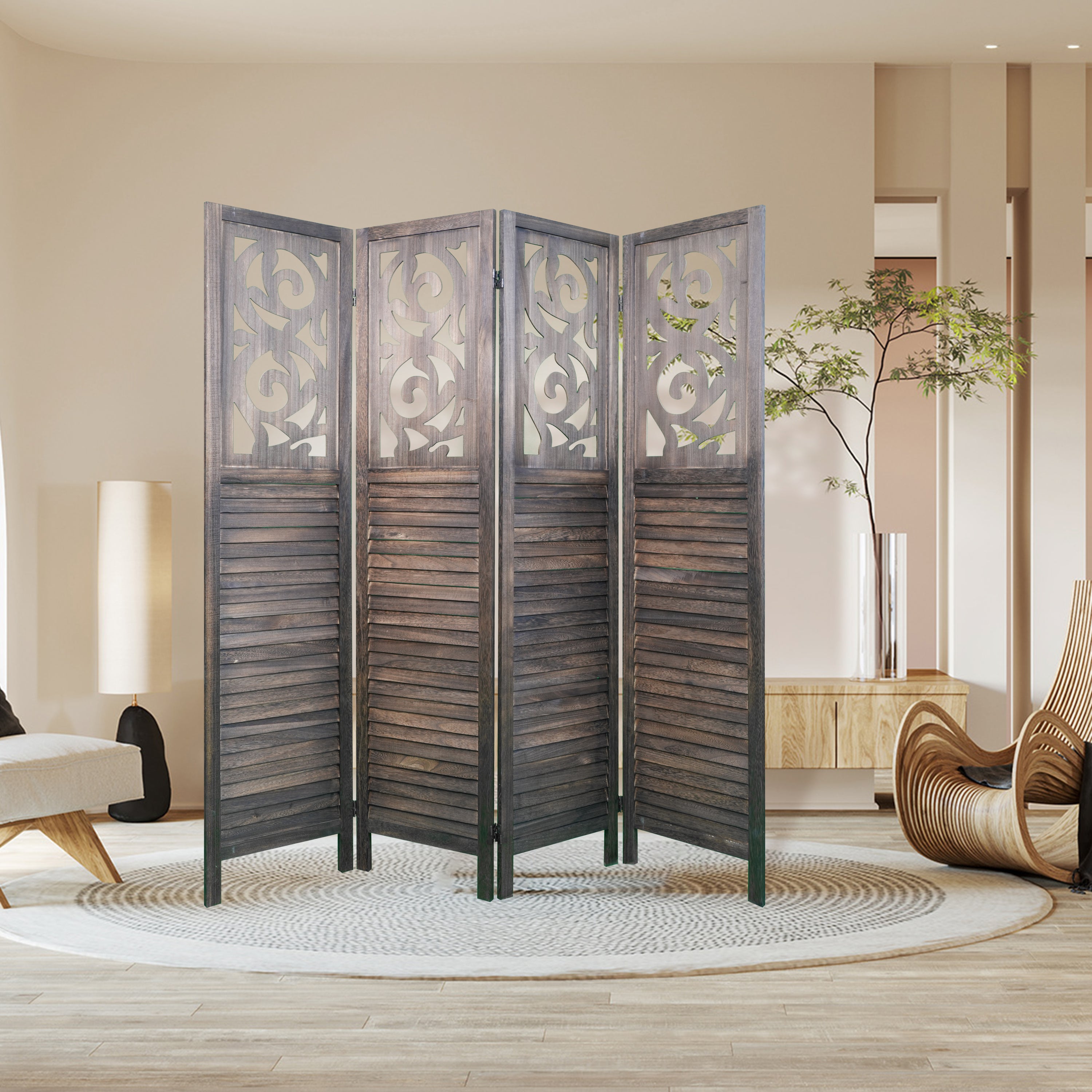 4 Panel Room Dividers, 6FT Carved Wood - Rustic Brown