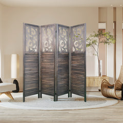 4 Panel Room Dividers, 6FT Carved Wood - Rustic Brown