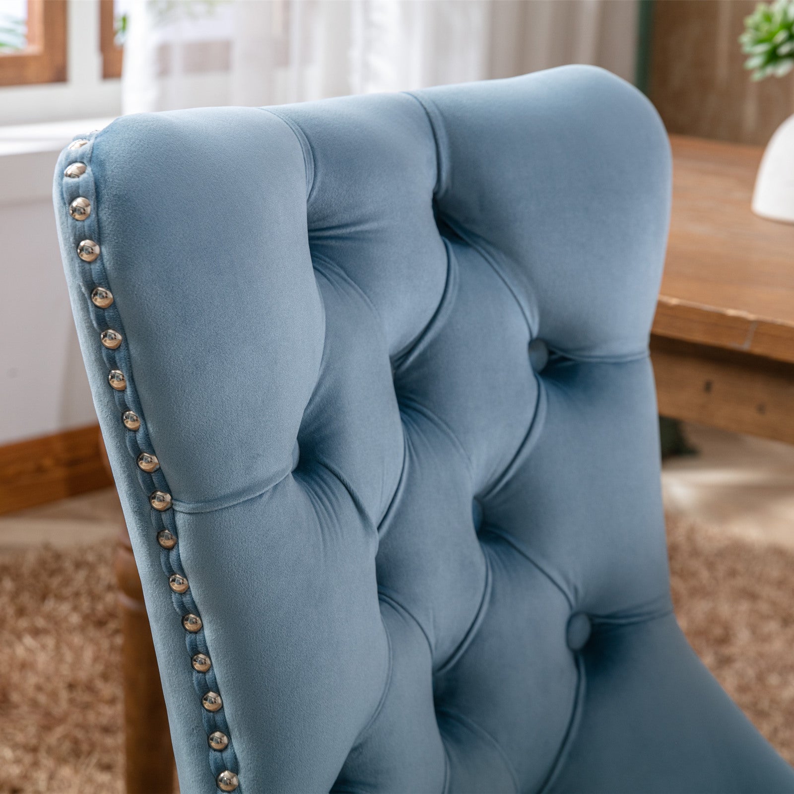 High-end Tufted Solid Wood Contemporary Velvet Upholstered Dining Chair with Wood Legs Nailhead Trim 2-Pcs Set, Light Blue