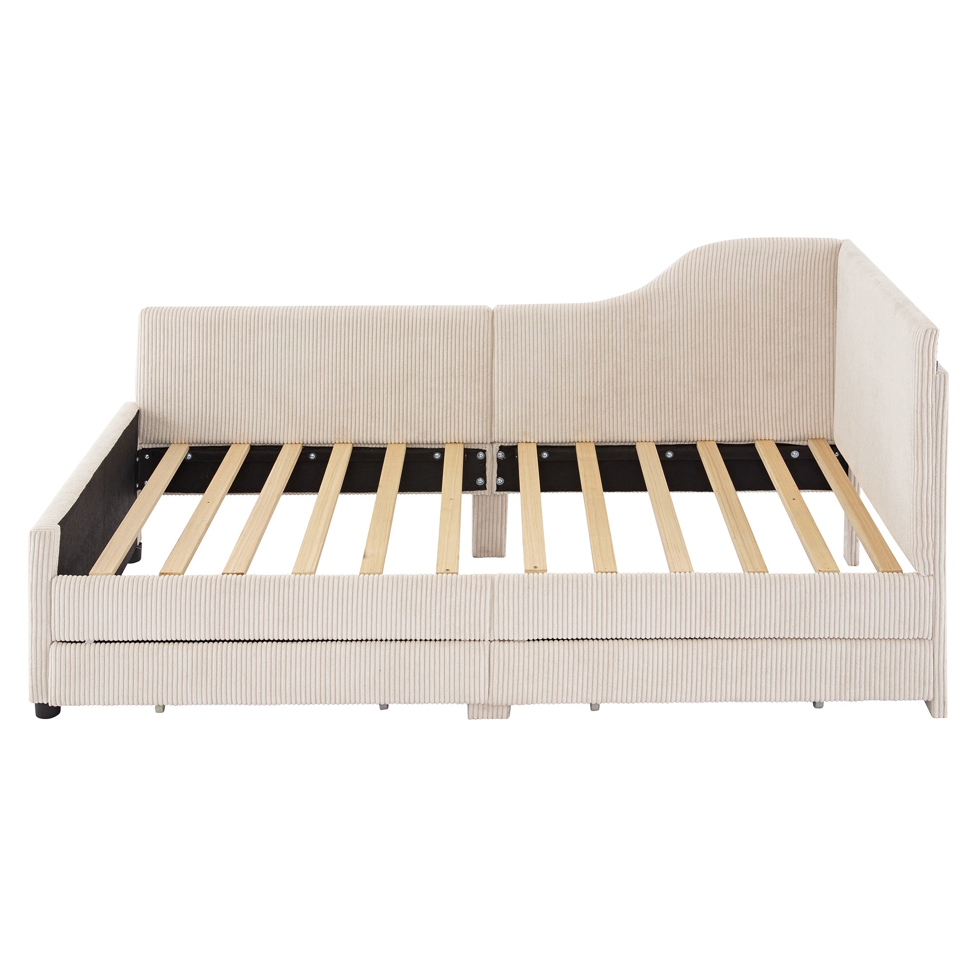 Twin Size L-Shaped Corduroy Daybed,Upholstered Bed Frame with  2 Storage Drawers, Beige
