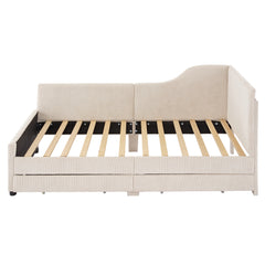 Twin Size L-Shaped Corduroy Daybed,Upholstered Bed Frame with  2 Storage Drawers, Beige