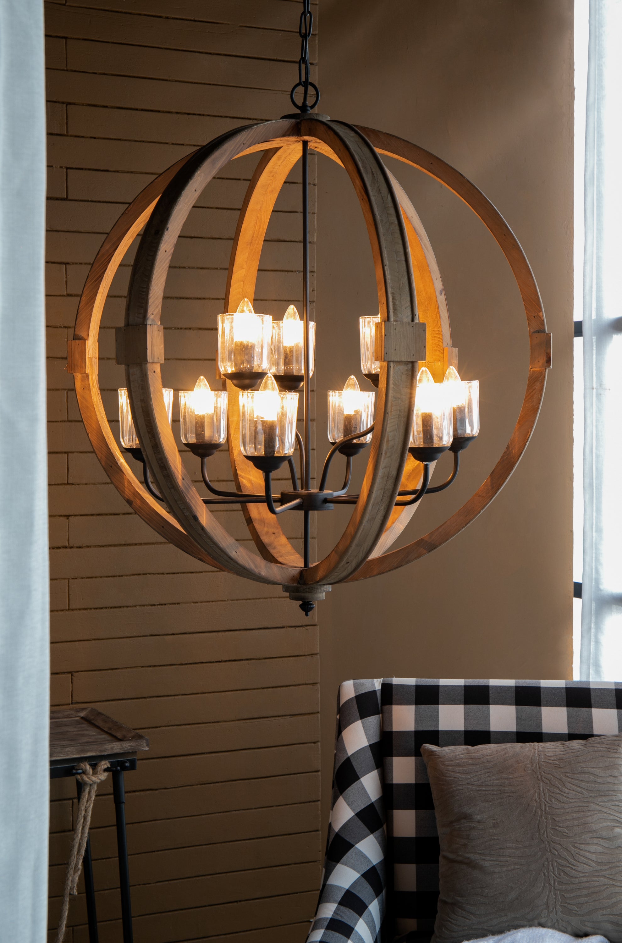 9- Light Globe Chandelier, Wood Chandelier Hanging Light Fixture with Adjustable Chain