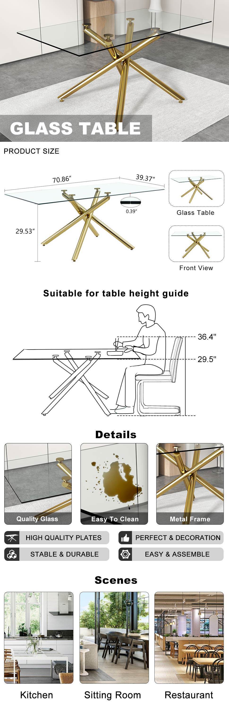 Modern Minimalist Rectangular Glass Dining Table for 6-8 with 0.39" Tempered Glass Tabletop and Silver Chrome Metal Legs - Golden