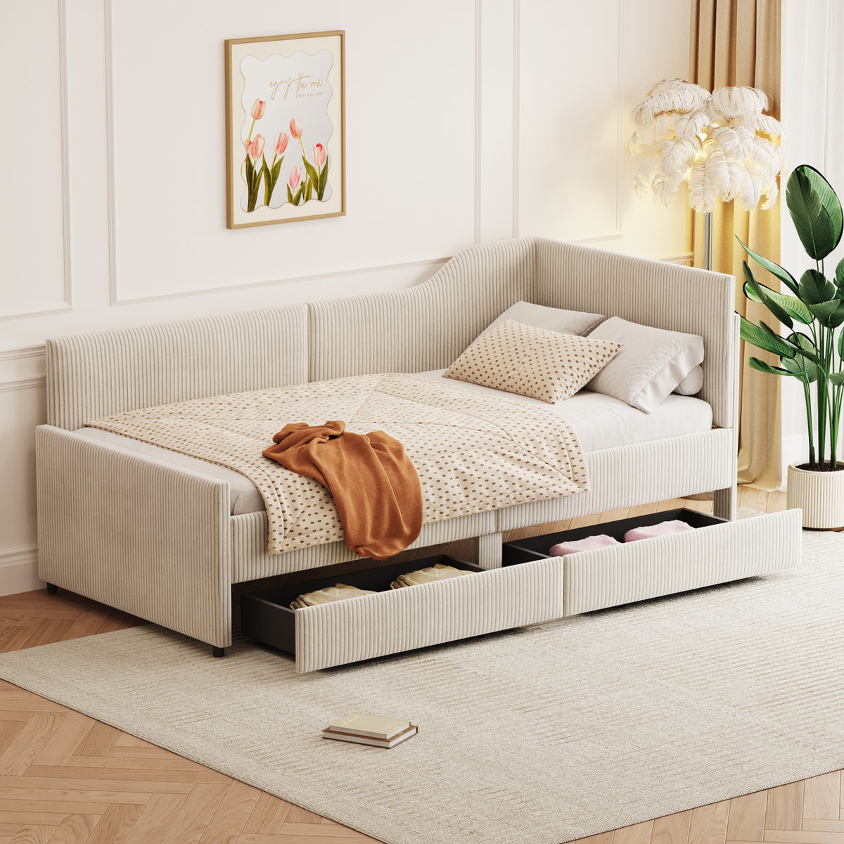 Twin Size L-Shaped Corduroy Daybed,Upholstered Bed Frame with  2 Storage Drawers, Beige