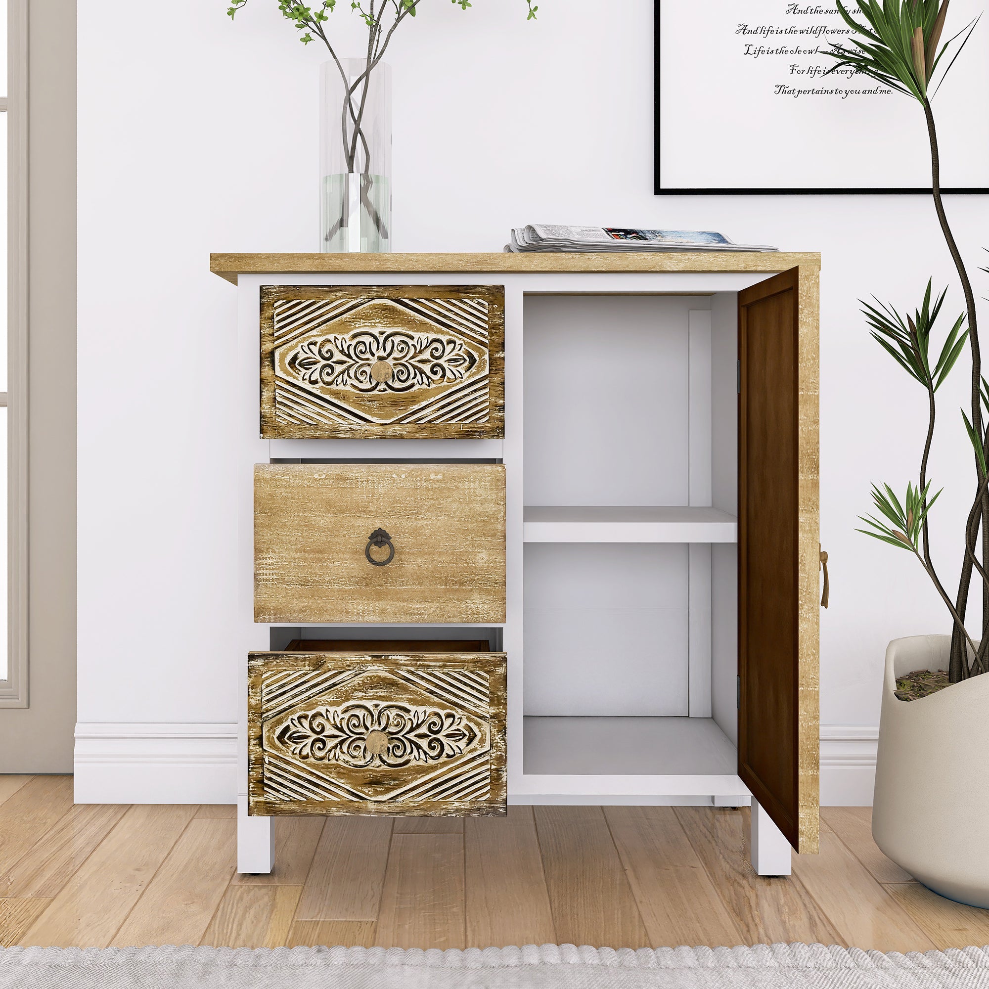 Hand-Carved Accent Cabinet with Vintage Charm - Versatile Storage and Distinctive Design - Fully Assembled