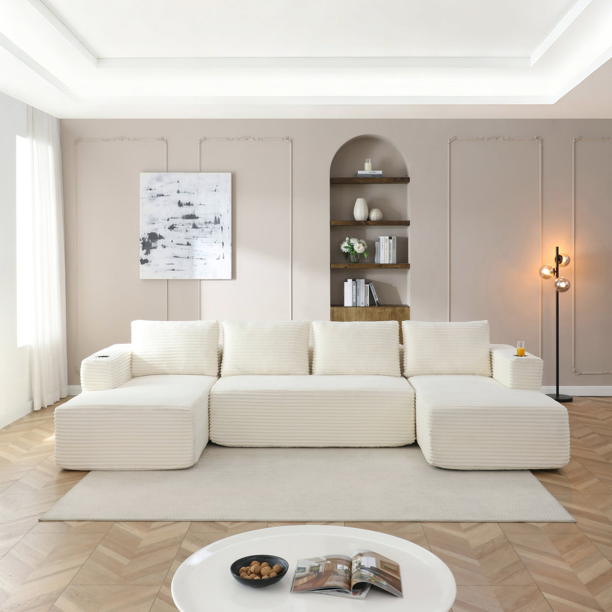 132' Oversized Cloud Boneless Sofa Couch with Chaise, Modern Corduroy U Shaped Modular Sectional Sofa with Deep Seat, Comfy Couch with Cupholders And Side Pocket , No Assembly Required-Beige
