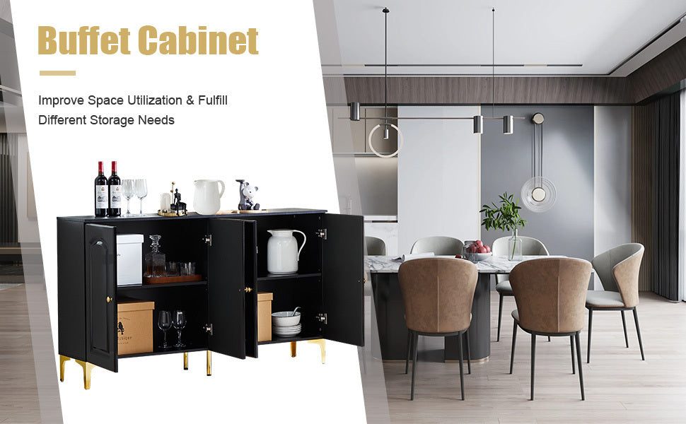 Buffet Sideboard 4 Doors Accent Storage Cabinet, Mid Century Modern Buffet Table with Adjustable Shelf - Black