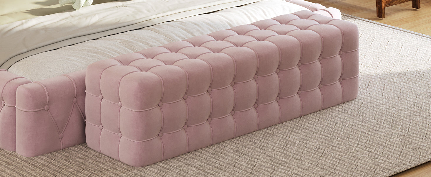 Velvet Upholstered Ottoman, Rectangular Footstool, No Assembly Required, Elegant and Luxurious Pink