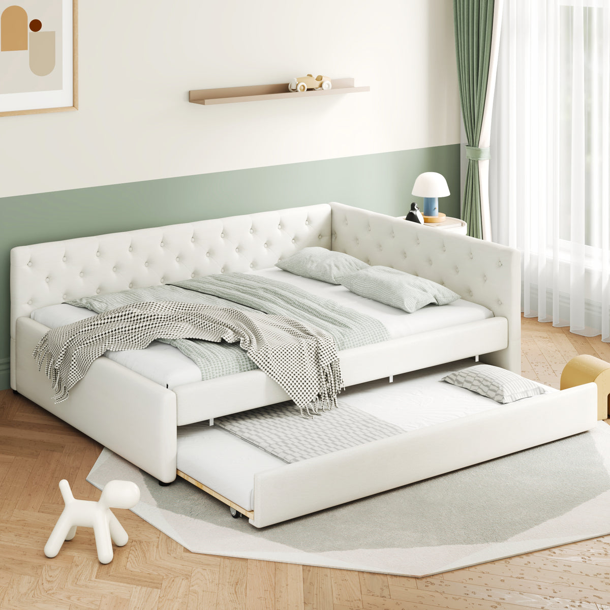Full XL Size Upholstered Tufted Button Platform Bed with Twin XL Trundle, Beige