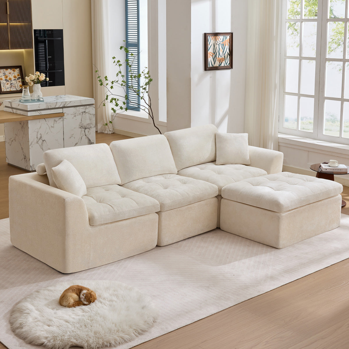 110' Cloud Sectional Couch for Living Room, Upholstered L-Shape Modular Sofa with Movable Ottoman, 3-Seater Deep-Seat Foam Couch, Comfortable Convertible Sectional for Home & Apartment