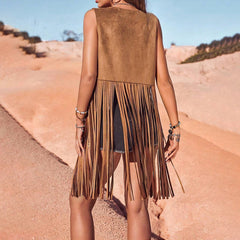 Women's Western Fringe Vest, Boho Style, Brown Suede with Tassels, Round Neck