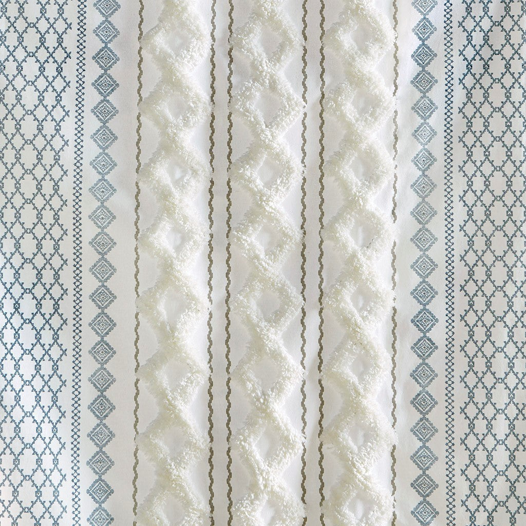 50x95" Cotton Printed Curtain Panel with Chenille Stripe and Lining - Ivory+Navy (1 panel only)