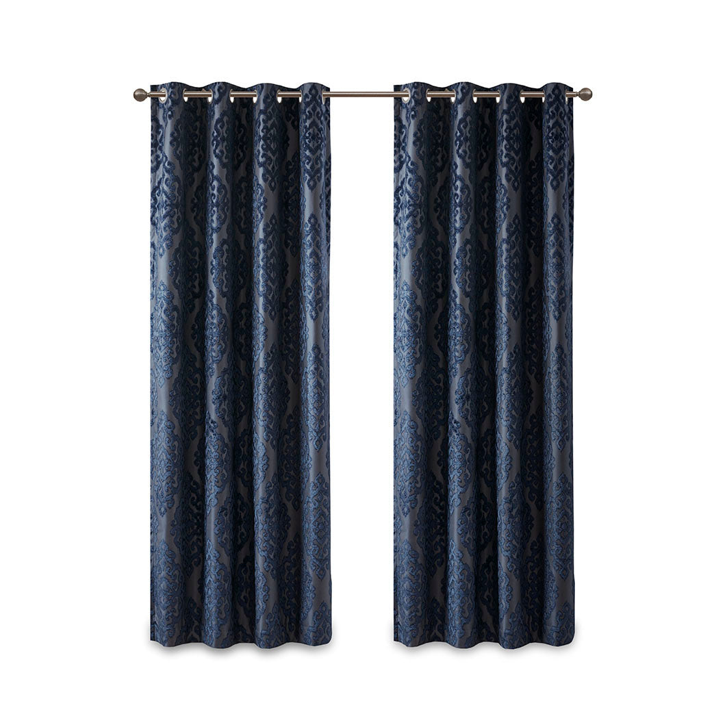 Knitted Jacquard Damask Total Blackout Grommet Top Curtain Panel - Navy