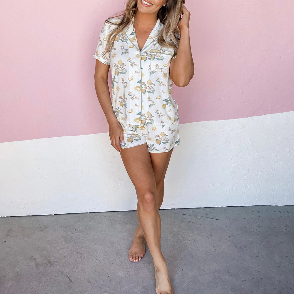 Printed Short Sleeve Single-breasted Casual Suit Home Pajamas For Women