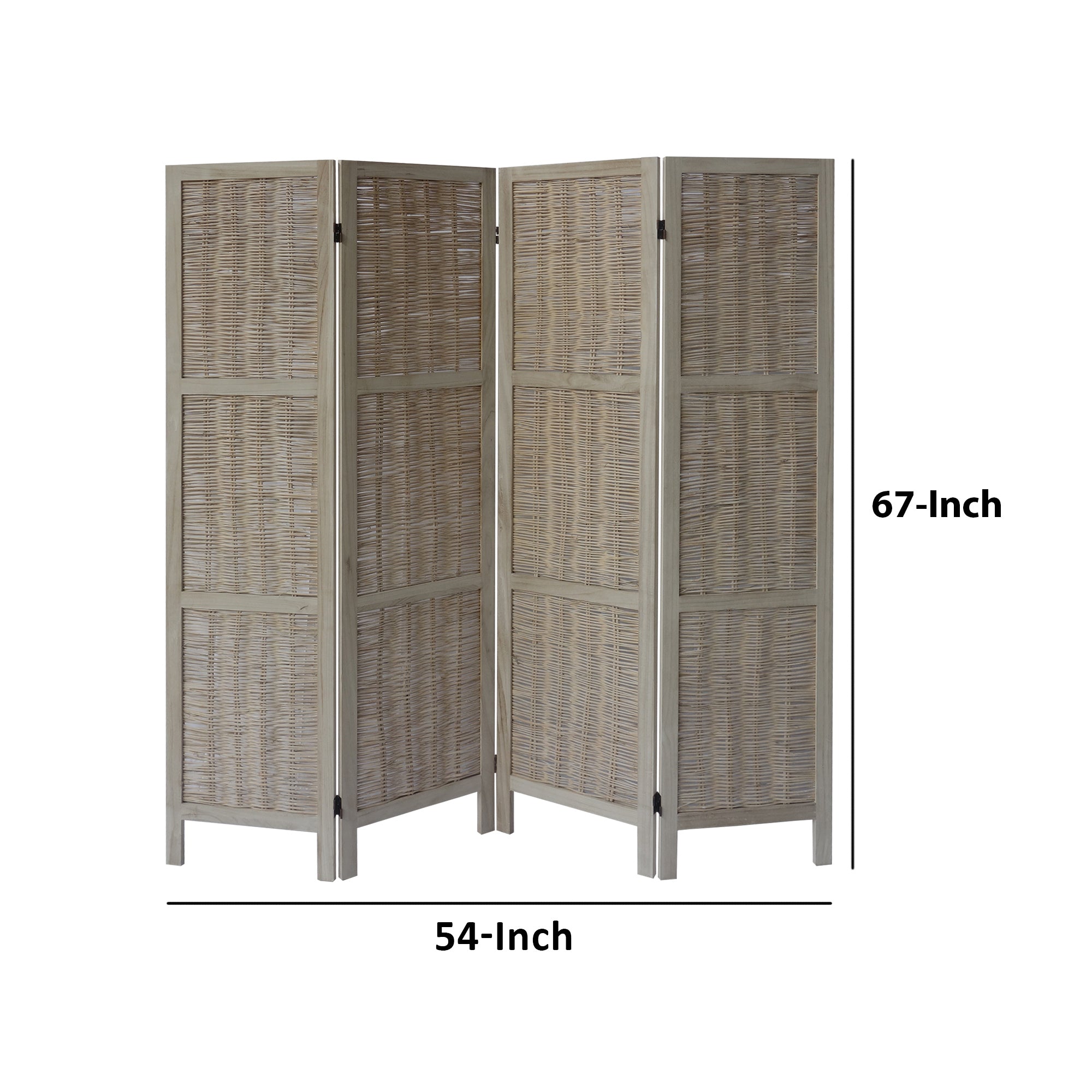 Paulownia Wood 4 Panel Divider Screen, Woven Willow Design - Light Brown