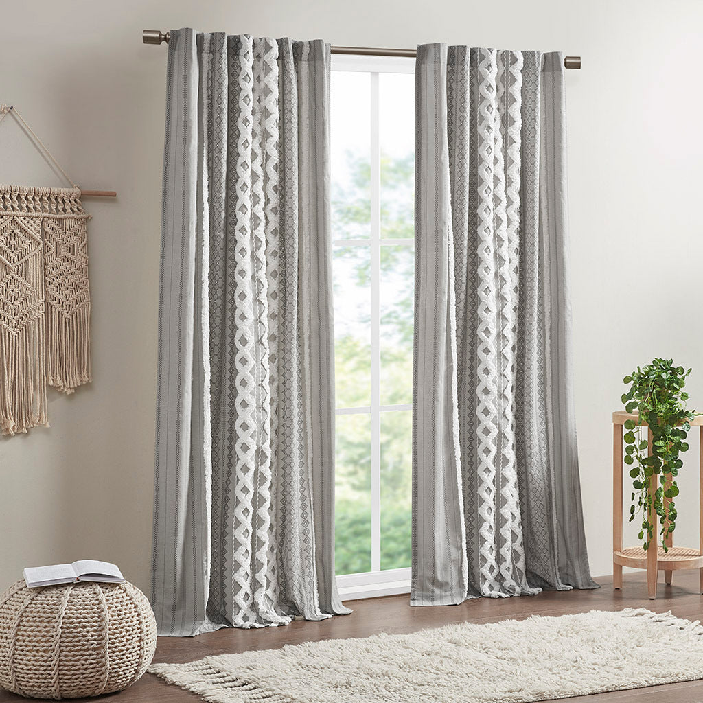 Cotton Printed Curtain Panel with Chenille Stripe and Lining - Gray