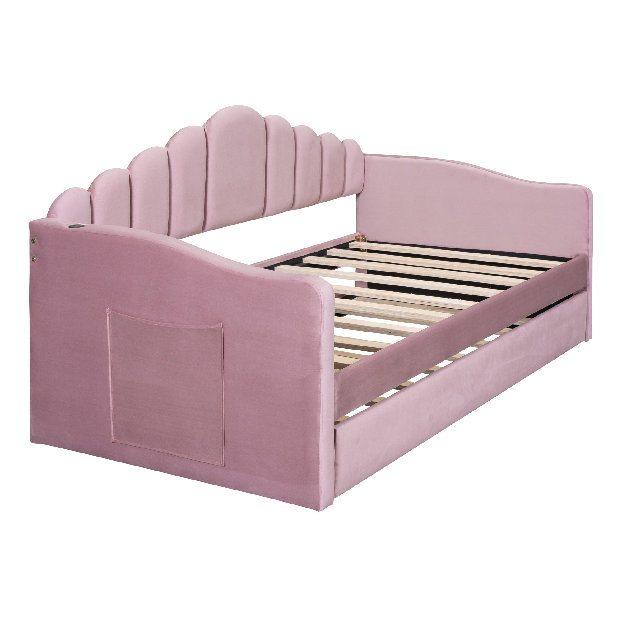 Twin size Upholstered Daybed with Trundle ,Velvet Sofabed with USB Charging Ports, No Box-spring Needed - Pink