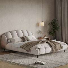 King Size Upholstered Platform Bed Chenille Thick Headboard and Footboard, Shell-Shape Design Beds, Beige