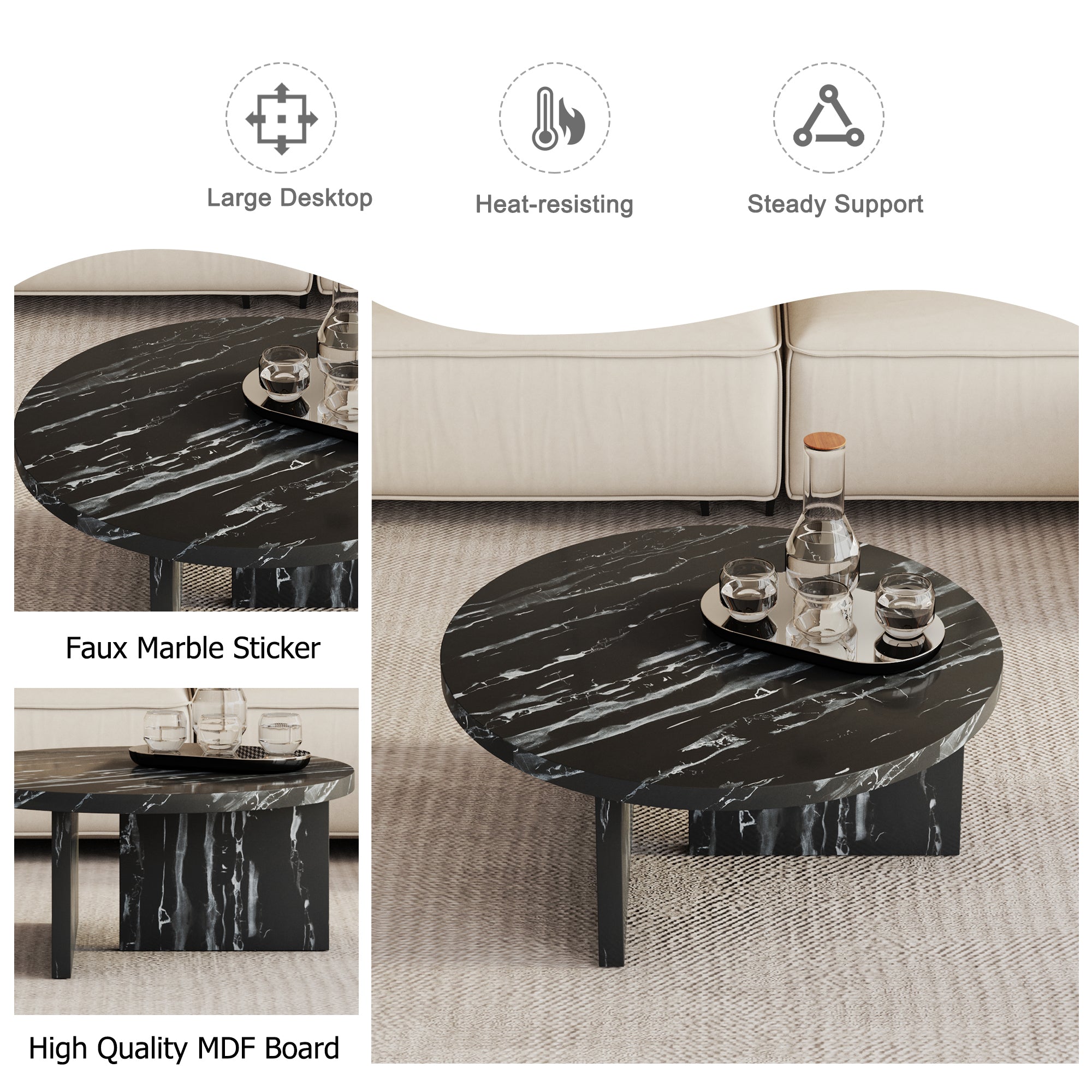 Modern Circular Coffee Table with Texture - Black