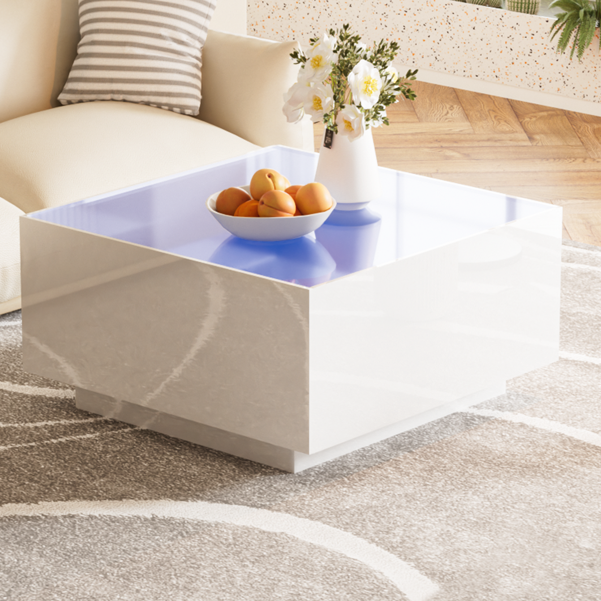 Square High Glossy Coffee Table with 16-color LED Strip Lights, Modern Center Table with 5mm Frosted Tempered Glass Top for Living Room, White, 27.5*27.5in