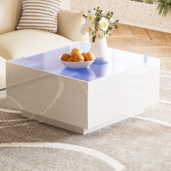 Square High Glossy Coffee Table with 16-color LED Strip Lights, Modern Center Table with 5mm Frosted Tempered Glass Top for Living Room, White, 27.5*27.5in