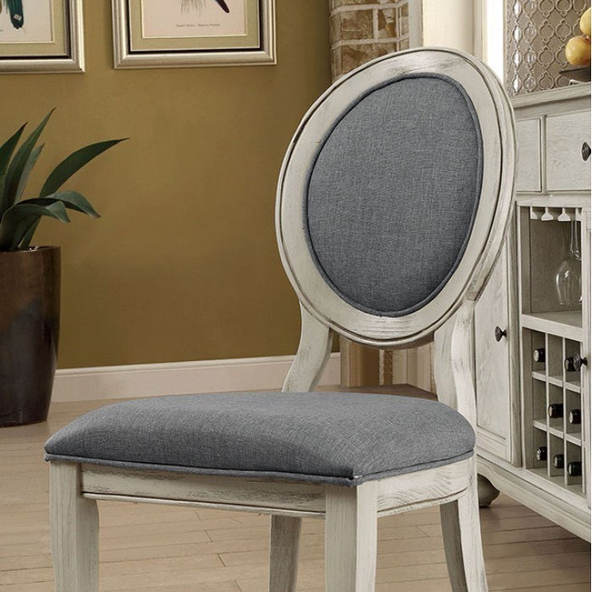 Set of 2 Padded Gray Fabric Dining Chairs in Antique White Finish