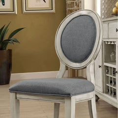 Set of 2 Padded Gray Fabric Dining Chairs in Antique White Finish