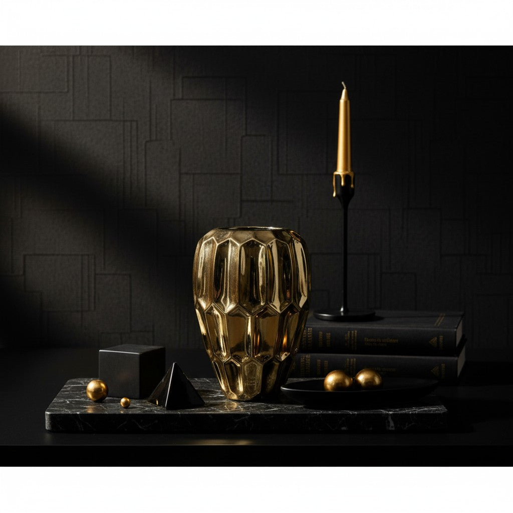 Elegant Gold Ceramic Decorative Vase, Modern Geometric Pattern, 10 Inch Tall, Metallic Finish