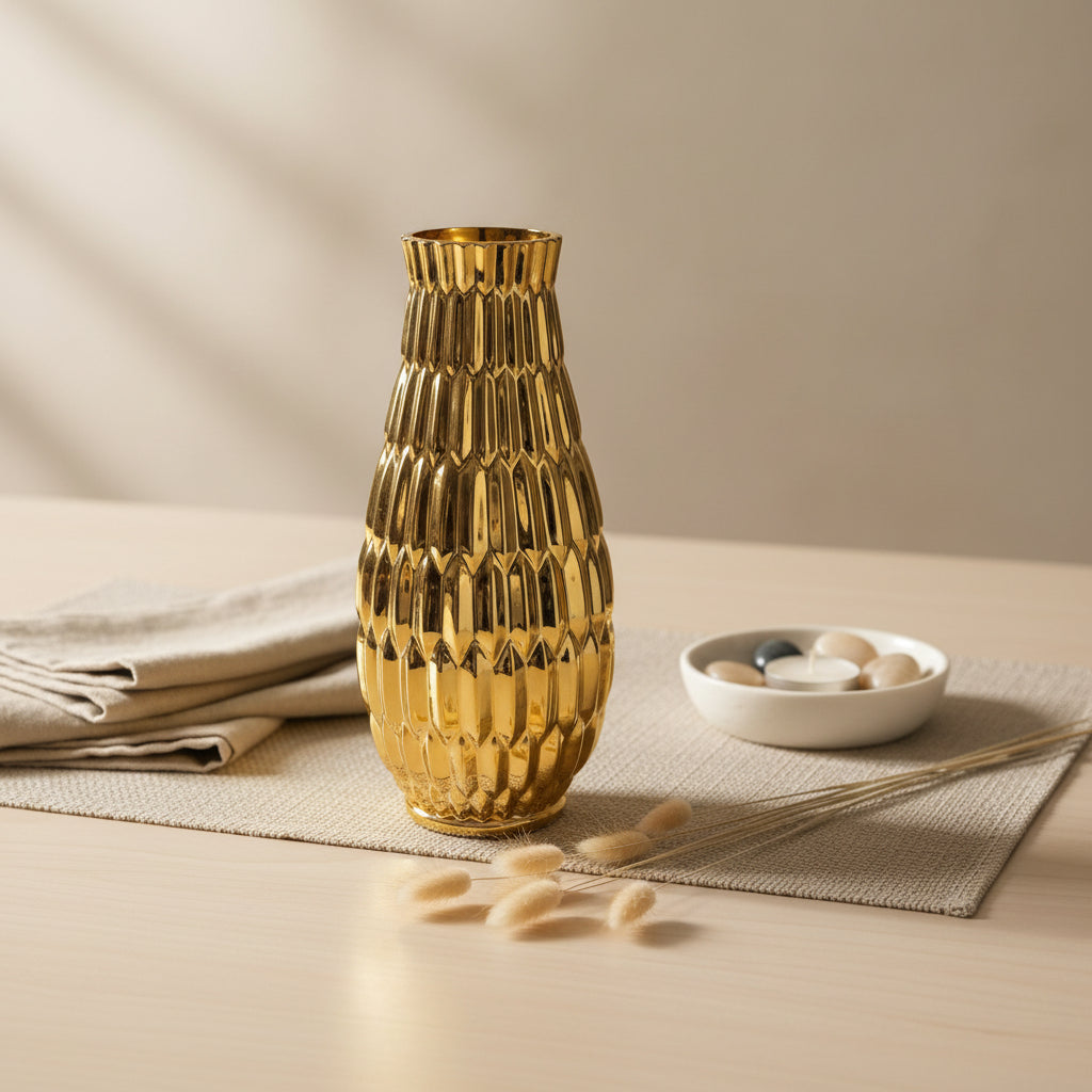 Modern Contemporary Ceramic Gold Vase, 14 Inch, Decorative Metal Flower Vase with Textured Design