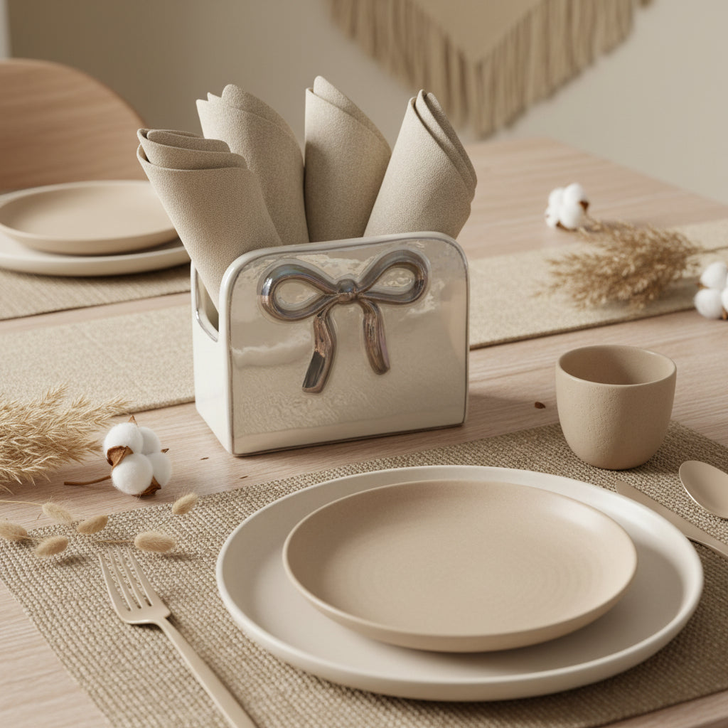 Napkin Holder Bow Iridescent White Color 6x5x2.5"